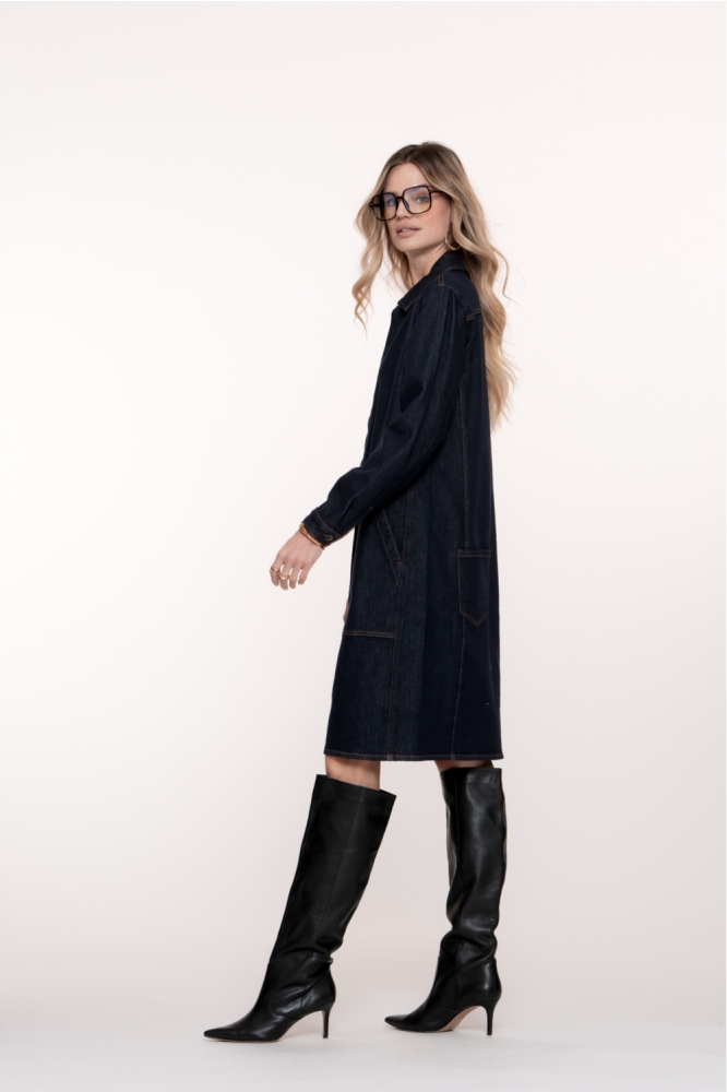 MIDI DENIM JURK MET OPGESTIKTE ZAKKEN 55515 10 DARK BLUE DENIM